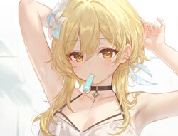  adelie_cat armpits arms_up bikini black_choker blonde_hair blush breasts choker cleavage female flower food food_in_mouth genshin_impact hair_between_eyes hair_flower hair_ornament looking_at_viewer lumine_(genshin_impact) medium_breasts mouth_hold orange_eyes popsicle popsicle_in_mouth short_hair_with_long_locks simple_background solo sweat swimsuit upper_body white_bikini white_flower 