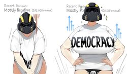  black_panties breasts commentary curvy english_commentary english_text female gigantic_breasts hands_on_own_hips helldiver_(helldivers) helldivers_(series) helmet highres impossible_clothes impossible_shirt lulu-chan92 panties shirt solo steam_(platform) t-shirt underwear white_shirt 