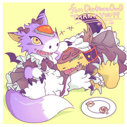  bandai_namco clothing cookie digimon digimon_(species) dorumon dress duo feral food forehead_gem fur gem hi_res maid_uniform male plate purple_body purple_fur ryudamon sse_aee uniform x-digimon yellow_body yellow_fur 