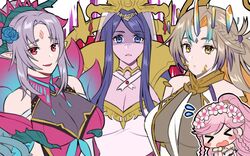  &gt;o&lt; bare_shoulders bikini blue_eyes blue_hair blush_stickers braid breasts chibi chibi_inset cleavage commentary dark_persona english_commentary facial_mark fire_emblem fire_emblem_awakening fire_emblem_engage fire_emblem_heroes flower flying_sweatdrops forehead_mark grey_hair gullveig_(fire_emblem) gullveig_(seer_beyond_time)_(fire_emblem) hair_flower hair_ornament horns large_breasts lumera_(fire_emblem) maji_(majibomber) official_alternate_costume olivia_(fire_emblem) olivia_(summer)_(fire_emblem) pink_bikini pink_hair plumeria_(fire_emblem) plumeria_(rapturous_dream)_(fire_emblem) pointy_ears ponytail red_eyes shaded_face swimsuit twin_braids upper_body yellow_eyes 