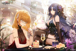  2girls adelie_cat armlet ash_arms bare_shoulders black_dress black_gloves black_thighhighs blue_eyes blue_hair blush box breasts cake champagne_flute character_request cleavage confetti covered_eyes crossed_bangs cup dress drinking_glass earrings elbow_gloves envelope evening_gown flower food fork garter_straps gift gift_box gloves hair_flower hair_ornament highres holding holding_fork indoors jewelry large_breasts logo long_hair looking_at_viewer multiple_girls official_art orange_hair parted_lips petals pink_flower plate red_dress ring sitting sleeveless sleeveless_dress thighhighs very_long_hair wine_glass 