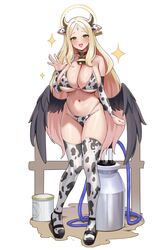  :d absurdres alternate_costume animal_ears animal_print arm_warmers ayumu_(blue_archive) bare_shoulders bell bikini blonde_hair blue_archive blush breasts cleavage commentary cow_ears cow_girl cow_horns cow_print cow_print_bikini cow_print_thighhighs cowbell ear_tag female full_body green_eyes halo highres horns large_breasts long_hair looking_at_viewer low_wings navel neck_bell onedoo open_mouth print_bikini print_thighhighs simple_background skindentation smile solo standing stomach swimsuit symbol-only_commentary thighhighs thighs underboob white_background wings 