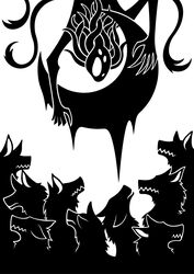  2016 3_tails 5_claws 5_fingers ambiguous_gender black_and_white bloodborne canid canine canis claws crescent_moon digital_drawing_(artwork) digital_media_(artwork) drip_effect eldritch_abomination empty_eyes feral fingers fromsoftware front_view fur great_ones_(bloodborne) group hi_res hidden_eyes mammal monochrome moon moon_presence_(bloodborne) multi_eye multi_tail prick_ears pseudo_hair sharp_teeth side_view silhouette simple_background snout sony_corporation sony_interactive_entertainment sunnyclockwork tail teeth tentacle tentacle_hair white_background wolf 