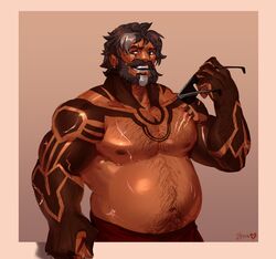  1boy arm_tattoo bara beard big_belly borrowed_character cowboy_shot dark-skinned_male dark_skin eduard_(astral_euphoria) facial_hair fat fat_man full_beard hairy highres large_pectorals looking_to_the_side male_focus mature_male moustache multicolored_hair multiple_scars muscular muscular_male navel navel_hair neck_tattoo nipples original pectorals scar short_hair solo standing streaked_hair stroking_beard sunglasses tattoo thick_beard thick_chest_hair thick_eyebrows thick_mustache thick_navel_hair topless_male wrinkled_skin zetta_aznec 