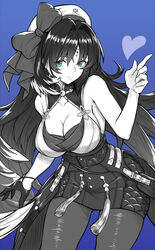  alternate_breast_size armpit_crease bare_arms bare_shoulders beret birkai black_gloves black_hair blue_background blue_eyes blush bow breasts cleavage collar collarbone commentary cowboy_shot feather_hair female gloves greyscale_with_colored_background hand_up hat hat_bow heart high-waist_skirt highres index_finger_raised large_breasts leaning_forward long_hair looking_at_viewer pantyhose parted_bangs shirt sidelocks simple_background single_glove skirt smile solo spot_color standing tacet_mark_(wuthering_waves) very_long_hair wuthering_waves yangyang_(wuthering_waves) 