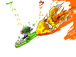  bad_id bad_pixiv_id beanie chasing dated female fleeing green_hair hat inkbrush_(splatoon) inkling inkling_girl inkling_player_character kraken_(splatoon) kuro_yuzu long_hair paint paintbrush running simple_background sparkle splatoon_(series) splatoon_1 squid white_background yellow_eyes 