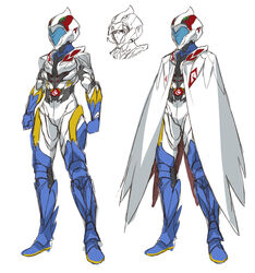  1boy armor cape commentary_request gatchaman gatchaman_crowds helmet ken_the_eagle male_focus photoshop_(medium) shimotsuki_eight simple_background solo white_background 