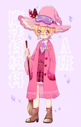  bandages blonde_hair blush boots broom commentary_request earrings female full_body hat highres jewelry looking_at_viewer original partial_commentary pink_eyes seitarou short_hair skirt smile solo witch_hat 