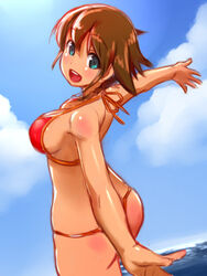  :d amy_(suisei_no_gargantia) bikini blue_eyes brown_hair cloud commentary_request day female gochou_(kedama) looking_at_viewer open_mouth outstretched_arms red_bikini short_hair sky smile solo spread_arms suisei_no_gargantia swimsuit wading water 