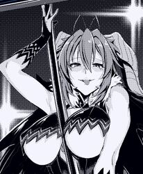  asmodeus_(the_seven_deadly_sins) bad_id bad_twitter_id bare_shoulders breasts bridal_gauntlets cape crop_top crop_top_overhang demon_girl demon_horns female greyscale hair_between_eyes horns large_breasts looking_at_viewer monochrome shaded_face smile solo the_seven_deadly_sins tongue tongue_out ulrich_(tagaragakuin) underboob upper_body 