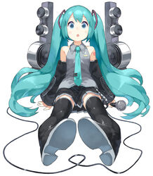  aqua_eyes aqua_hair boots commentary_request detached_sleeves female full_body hatsune_miku highres long_hair microphone necktie open_mouth photoshop_(medium) sitting skirt solo speaker thigh_boots thighhighs twintails very_long_hair vocaloid white_background yasu 