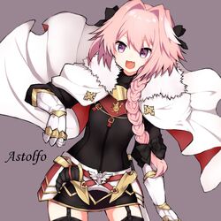  1boy astolfo_(fate) bad_id bad_twitter_id braid cape character_name fate/apocrypha fate/grand_order fate_(series) garter_straps gauntlets hair_ribbon long_hair male_focus pink_hair purple_eyes ribbon single_braid smile solo takae_(poupee_en_biscuit) thighhighs 