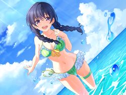  bikini blue_eyes blue_hair braid breasts cinderella_series cleavage cloud cloudy_sky commentary day dutch_angle female frilled_bikini frills front-tie_bikini_top front-tie_top hachigatsu_no_cinderella_nine kondou_saki medium_breasts navel nyanmaru ocean open_mouth outdoors side-tie_bikini_bottom sky smile solo sparkle striped_bikini striped_clothes sunlight swimsuit thigh_strap twin_braids twintails vertical-striped_bikini vertical-striped_clothes wading water_drop wet wet_clothes wet_hair wet_swimsuit 