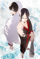  2boys back-to-back benibeni black_eyes black_hair club_(weapon) commentary_request eyeshadow fingernails hakutaku_(hoozuki_no_reitetsu) highres hoozuki_(hoozuki_no_reitetsu) hoozuki_no_reitetsu horns japanese_clothes kanabou long_sleeves makeup male_focus multiple_boys oni photoshop_(medium) pointy_ears sandals sharp_fingernails single_horn spiked_club weapon 