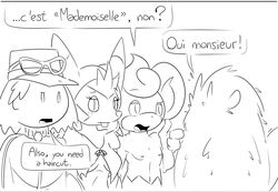  2015 anthro anthrofied black_and_white breasts buckteeth calem_(pokemon) clothing colliefleur dialogue elpatrixf english_text female flammin&#039;go french_text furfrou generation_5_pokemon generation_6_pokemon group hat headgear headwear human male mammal marissa monochrome nintendo open_mouth pansear pokemon pokemon_(species) pokemorph quilladin simple_background teeth text translated white_background 