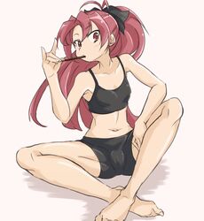  antenna_hair bad_id bad_pixiv_id breasts coco_nesta eating female food hair_ribbon long_hair looking_at_viewer mahou_shoujo_madoka_magica mahou_shoujo_madoka_magica_(anime) midriff navel pocky ponytail red_eyes red_hair ribbon sakura_kyoko sitting solo sports_bra toned 