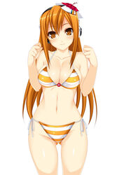  bare_shoulders beatmania beatmania_iidx bikini blush breasts cleavage collarbone female female hair_ornament head_tilt headphones highres hips kinoshita_ichi long_hair looking_at_viewer midriff mound_of_venus navel orange_eyes orange_hair shiny shiny_skin side-tie_bikini simple_background smile solo standing striped striped_bikini striped_swimsuit swimsuit thighs umegiri_iroha white_background 