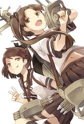  2girls ayanami_(kancolle) bad_id bad_pixiv_id blush brown_eyes brown_hair cannon from_below hair_ribbon kantai_collection kuuga_(cf) long_hair looking_up multiple_girls photoshop_(medium) ponytail ribbon school_uniform serafuku shikinami_(kancolle) short_hair side_ponytail skirt smile torpedo turret v 