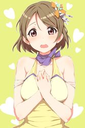  bare_shoulders blush breasts brown_hair clearite commentary_request dress female hair_ornament hands_on_own_chest heart jewelry koizumi_hanayo kokuhaku_biyori_desu! looking_at_viewer love_live! love_live!_school_idol_project medium_breasts necklace open_mouth purple_eyes short_hair solo yellow_dress 