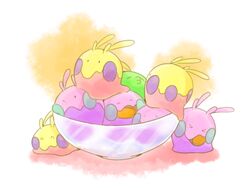  4:3 alternate_color ambiguous_gender dessert food generation_3_pokemon generation_6_pokemon goomy group gulpin ice_cream kemo_nuko nintendo not_furry pokemon pokemon_(species) shiny_pokemon simple_background white_background 