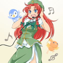  bad_id bad_pixiv_id blue_eyes braid chinese_clothes coco_nesta female hair_ribbon hat hat_ornament headset hong_meiling long_hair microphone musical_note open_mouth piplup pokemon pokemon_(creature) red_hair ribbon star_(symbol) star_hat_ornament torchic touhou 