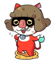  blush brown_hair commentary fangs feline fusion haramaki_removed jibanyan kflamingo lowres mitomen multiple_tails no_humans nose_hair notched_ear open_mouth short_hair simple_background sweat tail two_tails white_background youkai_(youkai_watch) youkai_watch 