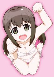  :d breasts brown_hair cleavage commentary_request female from_above green_eyes katayama_minami looking_at_viewer medium_breasts onota open_mouth paw_pose sitting smile solo swimsuit twintails wake_up_girls! wariza 