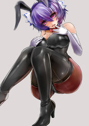  altines animal_ears boots bow bowtie busou_shinki commentary_request detached_collar elbow_gloves female gloves mitsuya_handoru pantyhose playboy_bunny purple_hair rabbit_ears red_eyes short_hair thigh_boots thighhighs 