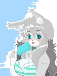  3:4 anthro big_breasts blue_eyes breasts canid canine canis dessert female food fur grey_body grey_fur grey_hair hair ice_cream kemono kin-shun long_hair mammal outside seaside sky skyscape solo tongue wolf 