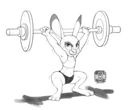  anthro arms_above_head barefoot biped bodily_fluids bra breasts buckteeth catbeecache claws clothed clothing disney exercise feet female fur hi_res judy_hopps lagomorph leporid long_ears looking_at_viewer mammal midriff monochrome muscular muscular_anthro muscular_female navel rabbit simple_background small_breasts smile solo sports_bra sports_panties straining sweat teeth toes underwear weightlifting weights workout zootopia 