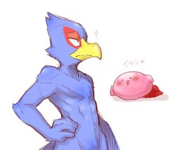  anthro avian beak bird blue_body blue_feathers duo falco_lombardi feathers japanese_text kemo_nuko kirby kirby_(series) male nintendo nude star_fox text translation_request waddling_head 