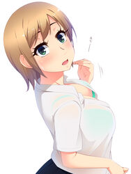  aqua_eyes blush bra breasts brown_hair commentary_request downblouse eyelashes female green_bra hayashi_custom highres large_breasts looking_at_viewer looking_back open_clothes open_mouth open_shirt original photoshop_(medium) pleated_skirt sachiko_(hayashi_custom) school_uniform see-through shirt short_hair short_sleeves skirt solo sweat translation_request underwear upper_body wet wet_clothes wet_shirt 