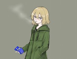  banira_(oocooocooocoo) blonde_hair blue_eyes cigarette cigarette_pack coat commentary_request drawstring female girls_und_panzer green_coat grey_background hand_in_pocket highres holding hood hooded_coat katyusha_(girls_und_panzer) looking_at_viewer mouth_hold short_hair simple_background smoke smoking solo standing upper_body 