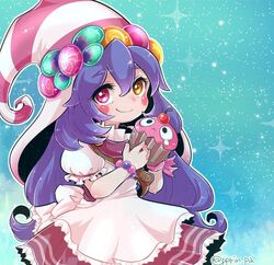  alternate_costume bittersweet_lulu blush bracelet candy cherry closed_mouth commentary_request cupcake curly_hair dress eyebrows female food fruit hair_between_eyes hat heterochromia holding holding_food jewelry league_of_legends long_hair lulu_(league_of_legends) md5_mismatch otani_(kota12ro08) pink_eyes puffy_short_sleeves puffy_sleeves purple_hair short_sleeves smile solo twitter_username upper_body witch_hat yellow_eyes yordle 