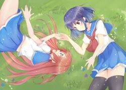  2girls black_thighhighs blue_eyes blue_hair blue_skirt burasuko commentary_request day eye_contact flip_flappers grass hair_ornament hairclip holding_hands kokomine_cocona light_particles long_hair looking_at_another lying multiple_girls neckerchief on_grass on_ground on_side open_mouth orange_hair outdoors papika_(flip_flappers) pleated_skirt red_eyes red_neckerchief sailor_collar school_uniform serafuku shirt short_hair short_sleeves skirt smile thighhighs very_long_hair white_shirt yuri 