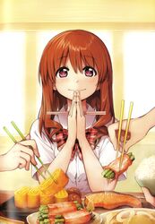  asparagus bacon bacon-wrapped_asparagus binding_discoloration blush bow bowl bowtie brown_hair chopsticks closed_mouth collared_shirt daikon dress_shirt female food highres holding holding_chopsticks kawai_makoto kiritanpo_(food) koufuku_graffiti long_hair looking_at_viewer machiko_ryou no_pupils omelet own_hands_together palms_together pink_eyes plaid plaid_bow plaid_neckwear radish red_bow red_bowtie rice rice_bowl school_uniform shirt short_sleeves sitting smile solo_focus tamagoyaki upper_body white_shirt wing_collar 