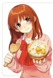  blush bowl brown_hair collarbone dotted_line female food highres holding holding_bowl kawai_makoto koufuku_graffiti long_sleeves looking_at_viewer machiko_ryou pink_eyes pink_sweater rice rice_bowl school_uniform shamoji smile solo sweater upper_body 