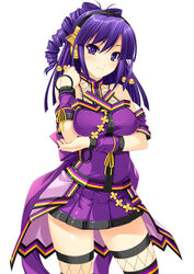  arm_warmers armband bare_shoulders beatmania beatmania_iidx bell blush breast_hold breasts collarbone drill_hair female female fingernails hair_ornament halter_top halterneck headphones highres kinoshita_ichi long_hair looking_at_viewer pleated_skirt purple_eyes purple_hair shirt simple_background skirt smile solo standing taut_clothes taut_shirt thighhighs umegiri_hifumi uniform white_background zettai_ryouiki 