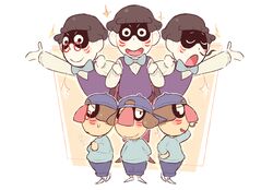  6+boys ad_youkai backwards_hat baseball_cap bow bowtie brown_hair commentary cosplay costume_switch full_body glasses hat highres kflamingo male_focus mitomen multiple_boys nose_hair open_mouth simple_background smile sparkle standing sweat white_background youkai_(youkai_watch) youkai_watch 