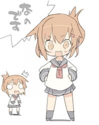  2girls ^^^ alternate_hairstyle blade_(galaxist) brown_eyes brown_hair commentary_request cosplay folded_ponytail hair_ornament hairclip ikazuchi_(kancolle) inazuma_(kancolle) inazuma_(kancolle)_(cosplay) kantai_collection multiple_girls nanodesu_(phrase) o_o oerba_yun_fang open_mouth school_uniform serafuku skirt surprised translated 