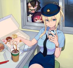  3girls bad_id bad_twitter_id bag bandana black_hair black_necktie blonde_hair blue_eyes blue_shirt blue_skirt blunt_bangs box breasts cellphone chair chocolate_doughnut coffee collared_shirt cup disposable_coffee_cup disposable_cup doughnut eating female_service_cap food food_on_face hair_between_eyes hat holding holding_food holding_phone hood indoors karakusa_(pattern) large_breasts lid long_hair looking_at_phone looking_outside multiple_girls necktie office_chair orange_eyes original paper_bag pastry_box pencil_skirt phone pink_hair police police_uniform policewoman red_eyes shirt short_sleeves sitting skirt smartphone star_(symbol) swivel_chair table thief tongue tongue_out uniform washi_no_tosaka watch window wristwatch 