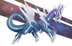  abstract_background absurd_res ambiguous_gender claws dialga feral generation_4_pokemon hi_res legendary_pokemon nintendo pokemon pokemon_(species) qwertydragon red_eyes restricted_palette side_view simple_background solo tail white_background 