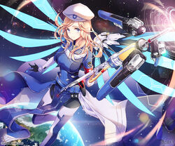  alternate_hair_length alternate_hairstyle arm_at_side armband artist_name bad_id bad_pixiv_id belt beret black_gloves blonde_hair blue_bodysuit blue_eyes blue_footwear blue_wings bodysuit boots breasts closed_mouth combat_medic_ziegler cowboy_shot earth_(planet) email_address emblem female gloves glowing glowing_wings hat holding holding_staff holding_syringe hologram leg_up logo loincloth long_hair long_sleeves looking_at_viewer mechanical_wings medium_breasts mercy_(overwatch) official_alternate_costume overwatch overwatch_1 pelvic_curtain planet pliers pouch smile solo space spread_wings staff standing standing_on_one_leg star_(sky) syringe thigh_boots thighhighs tobi_(mue86) utility_belt white_hat wings 