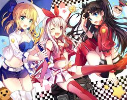  1boy 4girls ;d alternate_costume archer_(fate) artoria_pendragon_(fate) bad_id bad_pixiv_id belt black_ribbon blonde_hair blue_eyes boots commentary_request elbow_gloves fate/kaleid_liner_prisma_illya fate/stay_night fate_(series) gloves green_eyes hair_ribbon heracles_(fate) illyasviel_von_einzbern illyasviel_von_einzbern_(type-moon_racing) index_finger_raised magical_ruby matou_sakura multiple_girls navel official_alternate_costume one_eye_closed open_mouth purple_eyes purple_hair race_queen red_eyes red_footwear ribbon saber_(fate) saber_(type-moon_racing)_(fate) smile sunglasses thigh_boots thighhighs tohsaka_rin tohsaka_rin_(type-moon_racing) white_hair yimu 