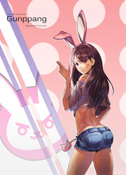  :3 absurdres animal_ears animal_print arm_at_side artist_name ass back bare_shoulders blue_shorts brown_eyes brown_hair closed_mouth commentary_request cowboy_shot crop_top cropped_shirt d.va_(overwatch) denim denim_shorts deviantart_username facepaint facial_mark fake_animal_ears female from_behind groin gunppang hand_up highres korean_commentary legs_apart long_hair looking_at_viewer looking_back midriff off-shoulder_shirt off_shoulder overwatch overwatch_1 pink_lips pocket rabbit_ears rabbit_print salute shirt short_shorts shorts smile solo v-shaped_eyebrows whisker_markings 