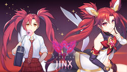  alternate_costume alternate_hair_color alternate_hairstyle bare_shoulders bow bowtie chewing_gum commentary_request dakun female fingerless_gloves gloves hair_ornament highres jinx_(league_of_legends) league_of_legends lipstick long_hair magical_girl makeup red_bow red_bowtie red_hair school_uniform skirt star_guardian_(league_of_legends) star_guardian_jinx tied_hair twintails very_long_hair 