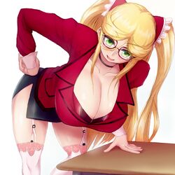  artist_request blonde_hair breasts curvy female glasses glassses green_eyes huge_breasts kosaka_shizuru long_hair looking_at_viewer shiny shiny_skin shirt smile solo table taimanin_(series) taimanin_yukikaze taimanin_yukikaze_2 twintails 