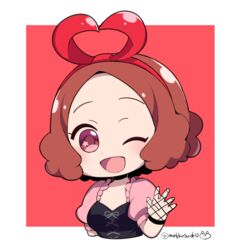  :d ;d blush brown_eyes brown_hair chibi commentary corset do_m_kaeru female fishnet_gloves fishnets gloves hair_ribbon heart_ribbon okumura_haru one_eye_closed open_mouth persona persona_5 persona_5:_dancing_star_night persona_dancing ribbon short_hair smile solo twitter_username upper_body 