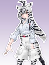  animal_ears black_hair blush brown_eyes chapman&#039;s_zebra_(kemono_friends) female hand_in_pocket highres kemono_friends long_hair looking_at_viewer losmal_indicus smile solo striped_hair tail white_hair zebra_ears zebra_tail 