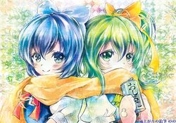  2girls ahoge ascot bad_id bad_nicoseiga_id blue_bow blue_eyes blue_hair blush bow can cirno covered_mouth daiyousei dress green_eyes green_hair hair_ribbon hairbow holding holding_can lakestep55 mittens multiple_girls orange_scarf puffy_short_sleeves puffy_sleeves ribbon scarf shared_clothes shared_scarf shirt short_sleeves side_ponytail sleeveless sleeveless_dress snowman_print touhou traditional_media upper_body yellow_ribbon 